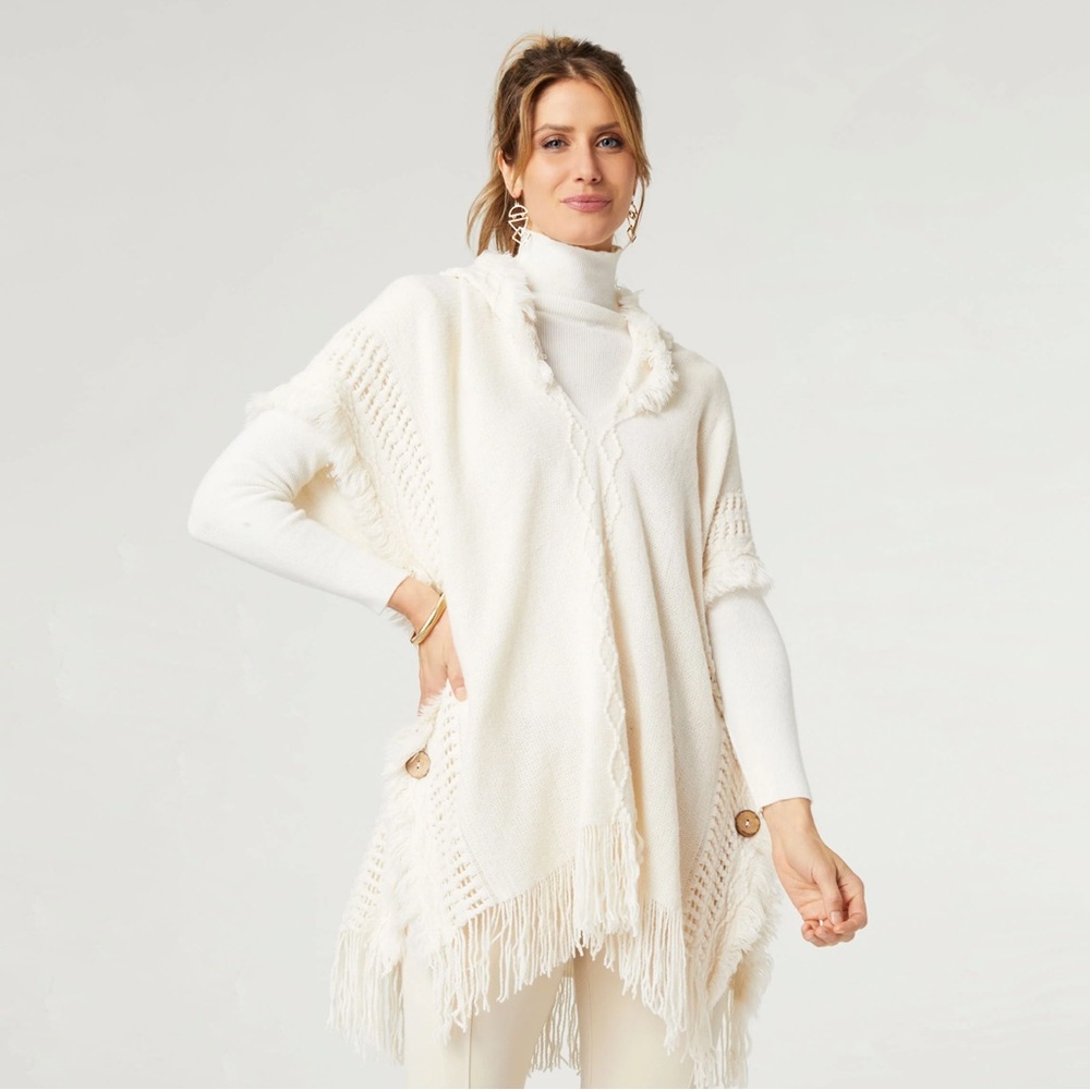❣️Eloise Hooded Poncho with Frayed Fringe - Cream